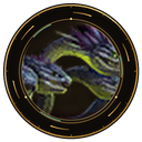 A multi-headed reptilian creature with green and purple scales looking out from inside a circular frame.