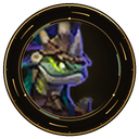 A green reptilian warrior with a glowing eye stares intensely from within a circular gold-trimmed frame.
