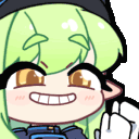 Anime girl with green hair and gold eyes wearing a wide, mischievous, toothy grin.