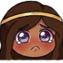 Girl with brown hair and a gold headband looking sad with large teary purple eyes and a flushed face.