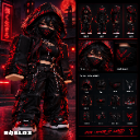 A hooded Roblox avatar character stands in a dark, red-lit environment, surrounded by a grid of various clothing and accesso…