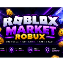 Roblox Market Robux text in a bold, 3D purple and gold font surrounded by floating gold coins.