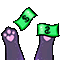 Several purple cat paws with pink heart-shaped pads throwing green dollar bills into the air.