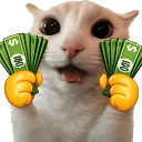 A white cat with wide eyes holding stacks of green cash in its paws.