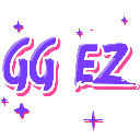 Text reading GG EZ in purple with a pink outline, surrounded by small purple and pink stars.