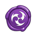 A circular purple wax seal with a white three-pronged swirling vortex symbol in the center.
