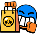 A blue character with a wide grin holds a yellow shopping bag with a skull icon while raising a fist in excitement.