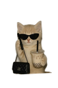 A light-colored cat wearing black sunglasses holds a cup of boba tea and carries a black handbag.