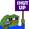 A green frog character holding a handgun and a purple sign that says SHUT UP.