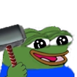 A green frog character smiling widely while holding a large gray hammer.