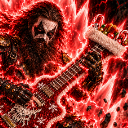 A long-haired musician with corpse paint shreds a guitar surrounded by crackling red lightning.