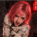 A woman with pink hair wearing a white straitjacket is screaming with an intense expression in a dark room.
