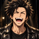 Anime boy with spiky hair wearing a leather jacket laughing with his eyes closed.