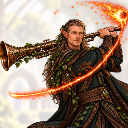 An elf druid with long hair and green robes swings a large brass saxophone like a golf club, leaving a glowing orange fire...