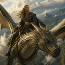 A long-haired rider sitting on the back of a large, gray, scaly dragon flying through the clouds above mountains.
