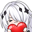 Anime girl with white hair and star hair clips shyly hugging a large red heart.