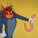 A cartoon cat with a red face and angry expression holds a limp pink worm in its hand.
