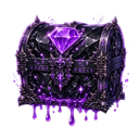 Treasure chest decorated with dark metal and a glowing purple diamond.