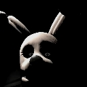 A white rabbit mask with hollow black eyes emerging from a pitch-black background.