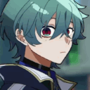 Anime boy with teal hair and red eyes shifts from a confused expression to a dark, sinister smirk.