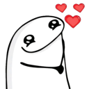 A simple white sock puppet character with a happy, adoring expression and three small red hearts floating above its head.