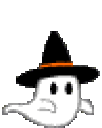Four small white ghosts wearing black witch hats with orange bands lined up horizontally.