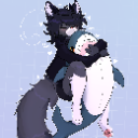A dark-furred wolf character playfully wrestling with a large blue shark plushie.