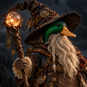 A mallard duck dressed as a wizard holds a glowing staff in a dark, atmospheric setting.