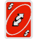 Uno reverse card with a red background and white arrows pointing in opposite directions.