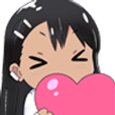 Nagatoro holding a large pink heart against her face with her eyes closed in a happy expression.