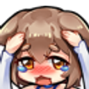 Anime girl with brown hair holding her head in panic with tears in her eyes and a flushed face.