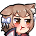 Anime cat-girl with brown hair and white bows pouting with puffed cheeks.