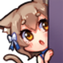 Cat girl with brown hair and cat ears peeking curiously from behind a purple wall.