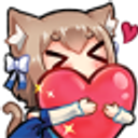 A cute anime cat girl hugging a large red heart with a joyful expression.
