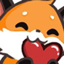 A cute orange fox with a white chest and closed happy eyes holding a red heart.