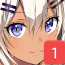 Anime girl with purple eyes and white hair wearing a red notification badge with the number one.