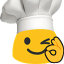 Yellow emoji face wearing a white chef hat and making an OK hand gesture while winking.
