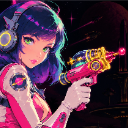Anime girl wearing headphones holds a pink and gold raygun in a futuristic setting.