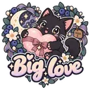 A cute black kitten holding a large pink heart with the text Big Love written underneath.