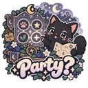 A cute black cat holding a map with the word Party? written below it, surrounded by flowers and stars.