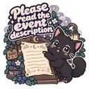 A cute black kitten standing next to a wooden scroll that says please read the event description.