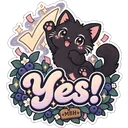 A cute black kitten with a happy expression waving its paw next to a checkmark and the word Yes surrounded by blueberries.