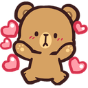 A small brown bear with a happy expression surrounded by several floating pink hearts.