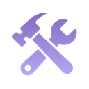 A purple hammer and wrench crossed over each other on a yellow background.