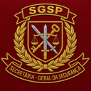 Security emblem featuring a shield with a sword, key, and scales, surrounded by a gold wreath on a dark red background.