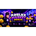Two avatars stand on either side of glowing text surrounded by floating gold coins against a purple neon background.
