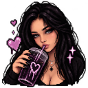 A dark-haired woman with a serious expression sipping from a purple cup decorated with a heart, surrounded by floating hea...