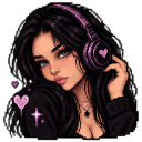 A young woman with long dark hair wearing purple headphones and surrounded by small pink hearts.