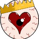 A bloodshot eyeball wearing a gold crown with a red heart-shaped pupil.