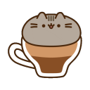 A gray cartoon cat head with a happy expression resting inside a brown coffee cup.